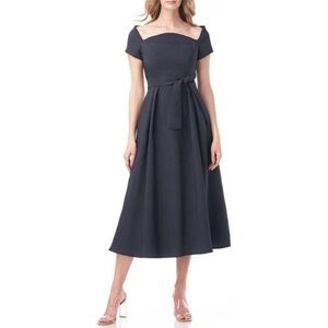 Kay Unger Francesca Asymmetrical Tea Length Dress Admiral Blue Black Size 8 NWT